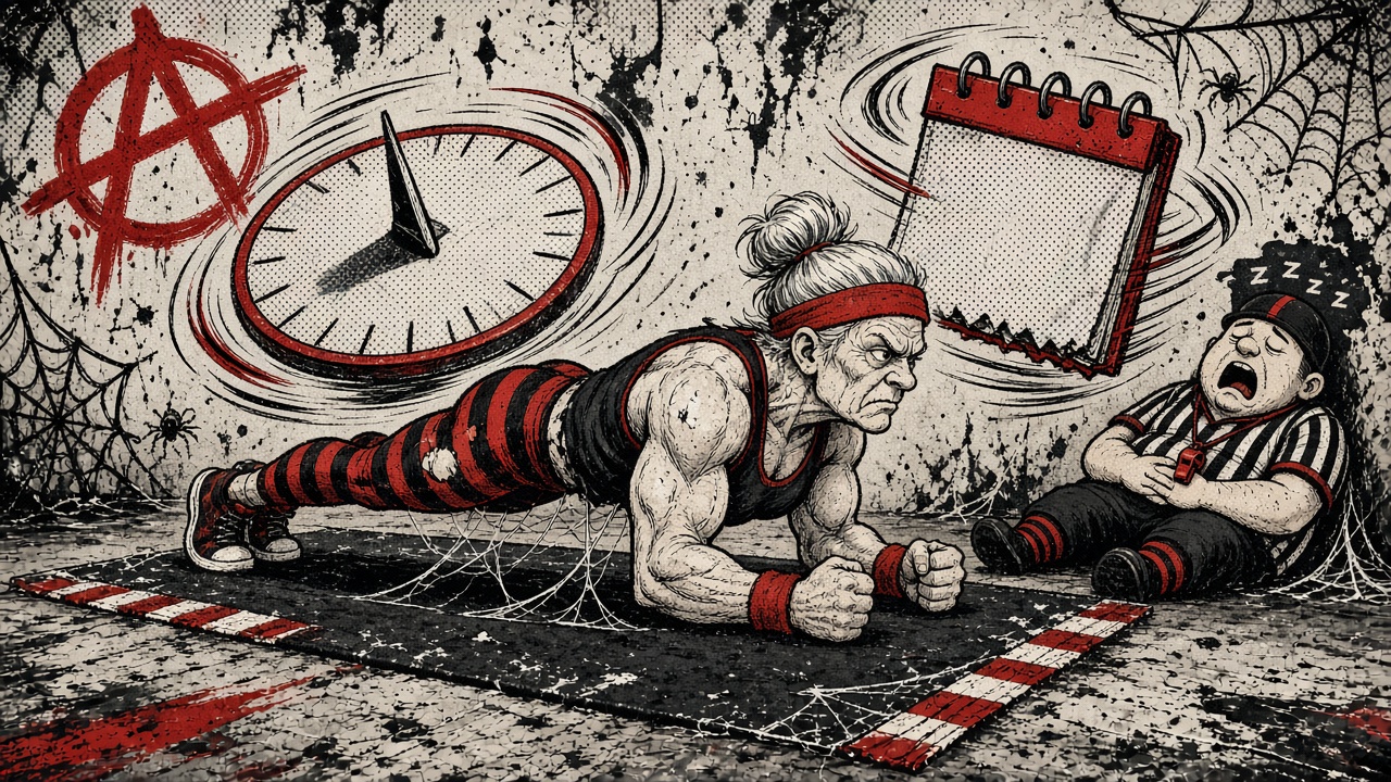 cartoon gag: GRANDMA PLANKS FOR FIVE HOURS, HOSTS NAP