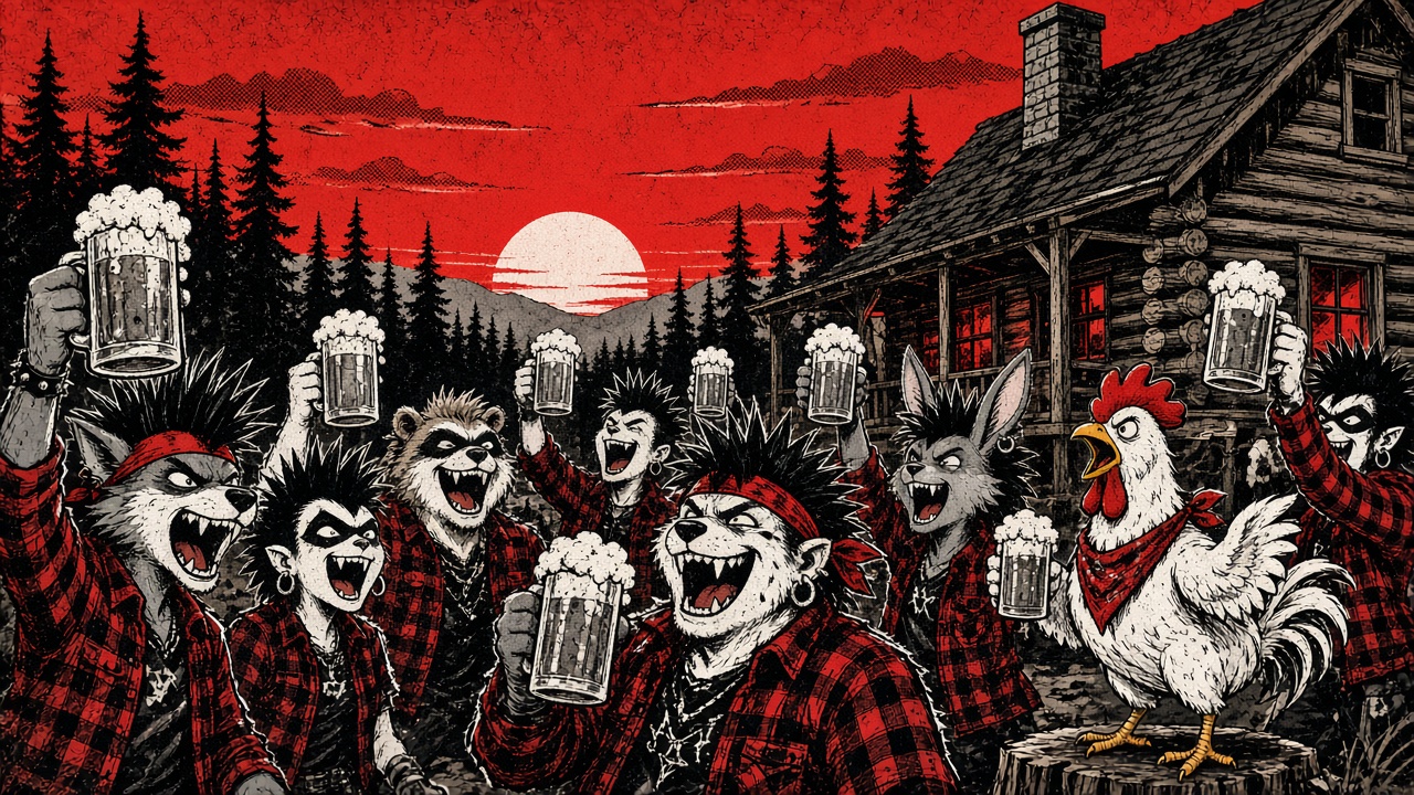 cartoon gag: LIVE FROM THE LEINIE LODGE: BREAKFAST IS BEER