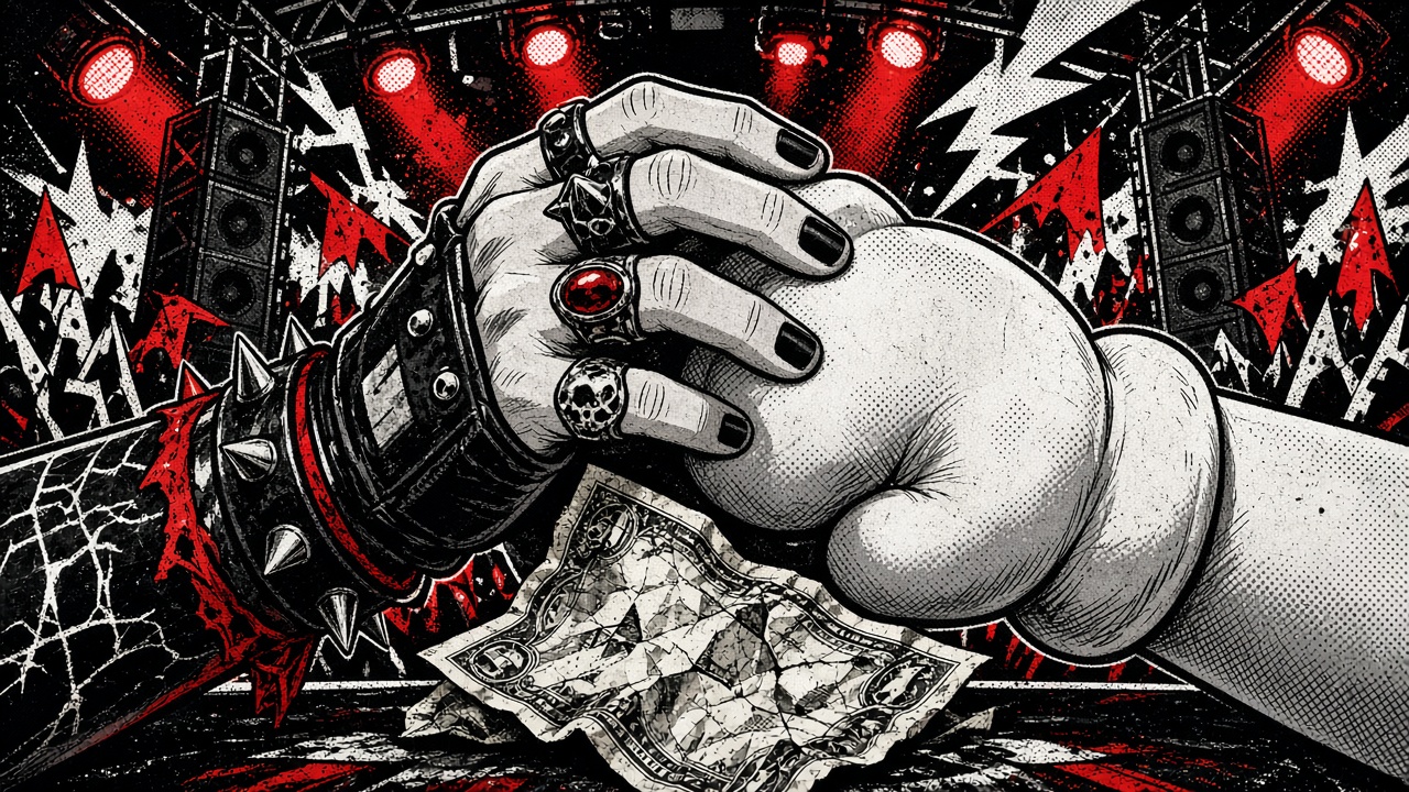 cartoon gag: THE $20 ROCKFEST HANDSHAKE DEAL