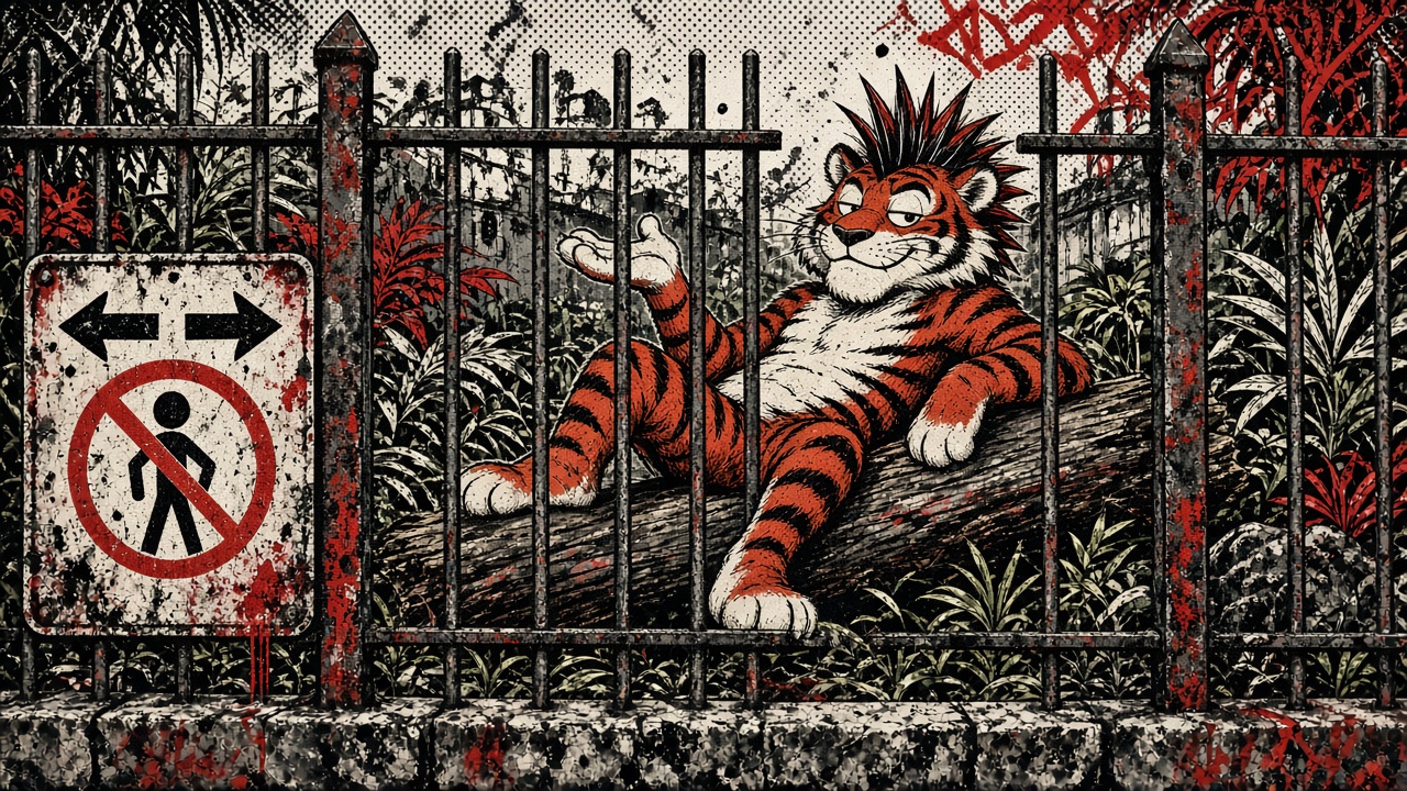 cartoon gag: TIGER UNHARMED, CONTINUES BEING TIGER